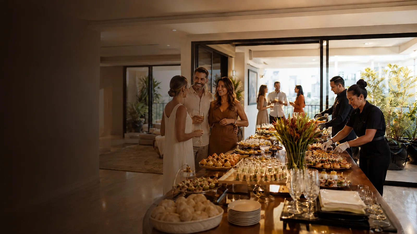 Buffet em casa em Belo Horizonte com mesa montada, equipe profissional e convidados sendo atendidos pela Home Fest